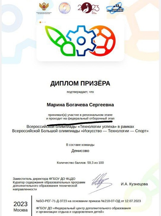 ДИПЛОМ ПРИЗЕРА Всероссийской Большой олимпиады «Искусство — Технологии — Спорт».