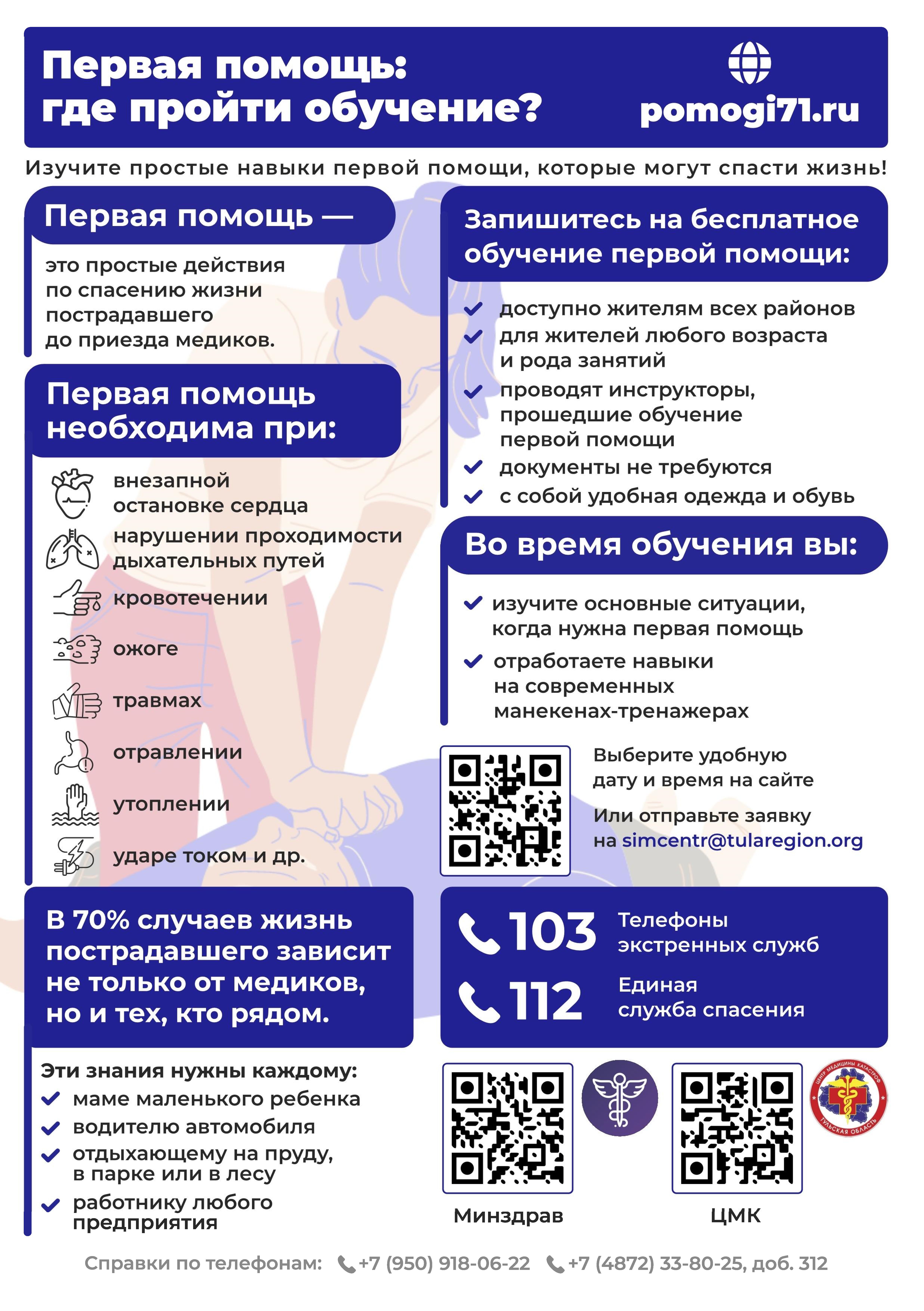 Плакат о проведении обучения первой помощи жителей Тульской области с адресами площадок и графиком занятий.